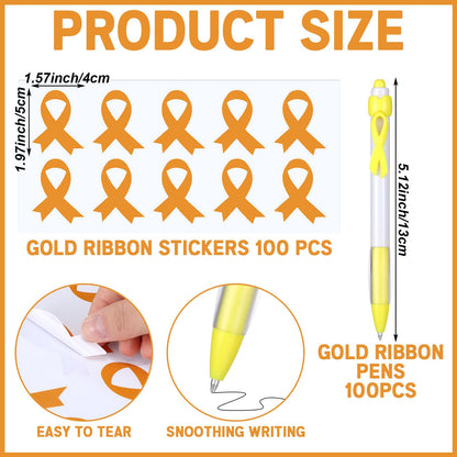 PullCrease Childhood Cancer Awareness Kit 400 Pcs Gold Ribbon Pens Bracelets