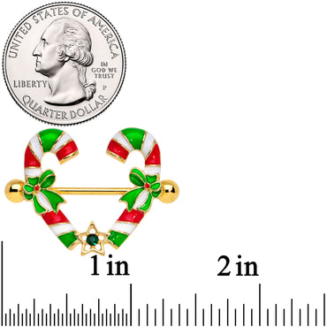 14G 5/8 Green Gem Gold Tone Candy Cane Christmas Nipple Ring Set