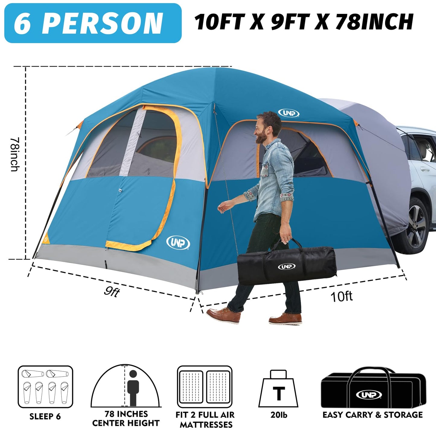 UNP SUV Tent for Camping, 6-Person SUV Tailgate Tent - Easy Set Up with Rainfly, 10'x9'x78in(H)