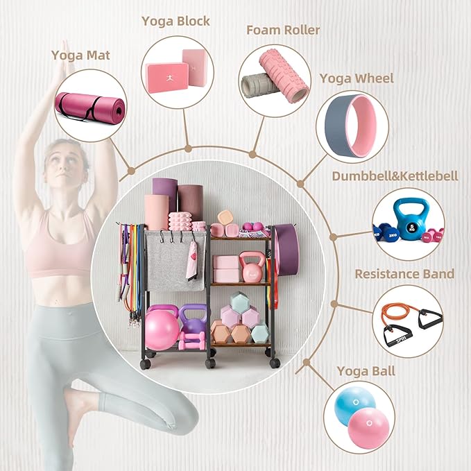 Yoga Mat Storage Rack Home Gym Equipment Organizer Holder for Foam Roller Dumbbells Kettlebells Resistance Bands and More Accessories Women Men Workout Organization with Hooks Wheels (Black)