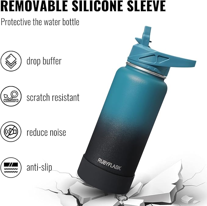 40oz Insulated Water Bottle with Straw, Stainless Steel Metal Vacuum Water Flask, Large Thermal Water bottle with Leakproof 3 Lids for Travel, Camping, Gym Sports Dark Rainbow