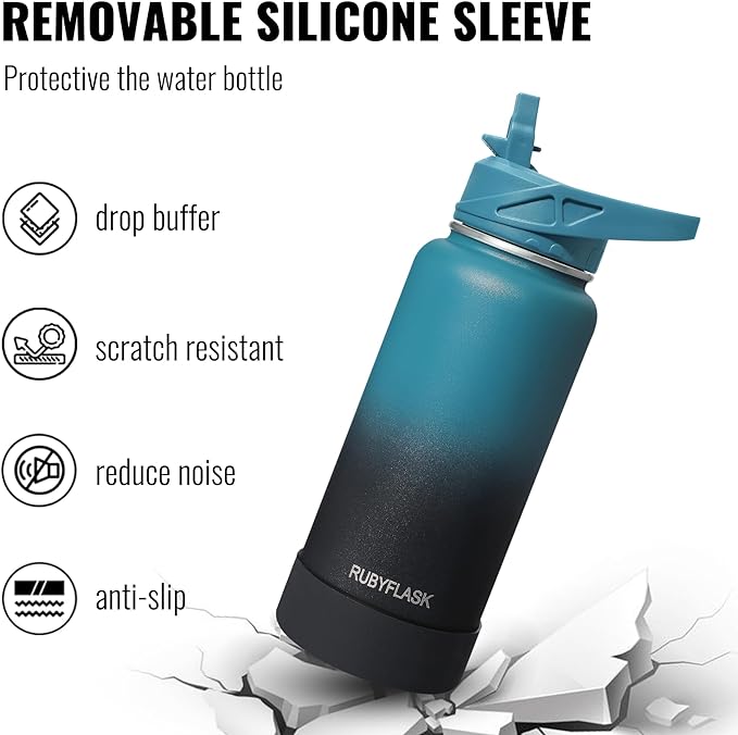 32oz Insulated Water Bottle with Straw, Stainless Steel Metal Vacuum Water Flask, Large Thermal Water bottle with Leakproof 3 Lids for Travel, Camping, Gym Sports Indigo Black