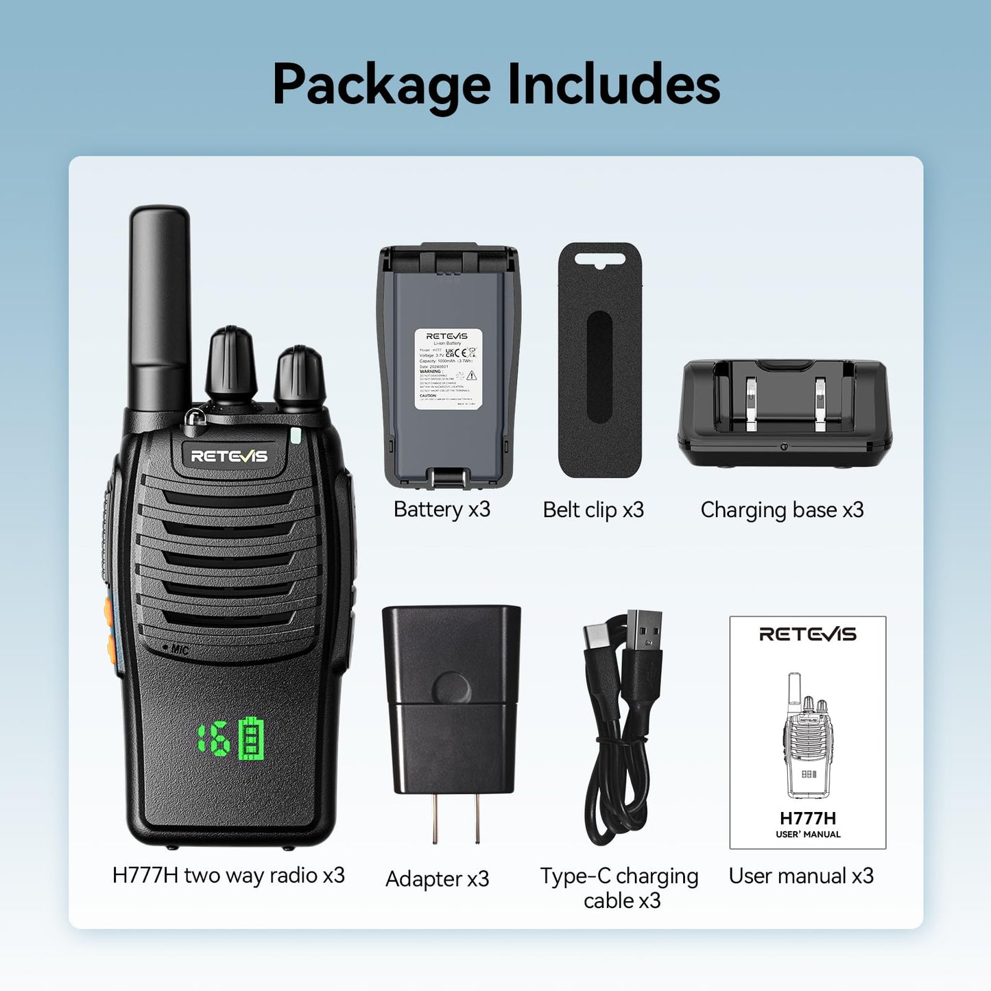 Retevis H-777 Walkie Talkies Rechargeable, 2 Way Radios Long Range, Portable FRS Two-Way Radios, Short Antenna, LED Flashlight, for Adults Family Outdoor (3 Pack)