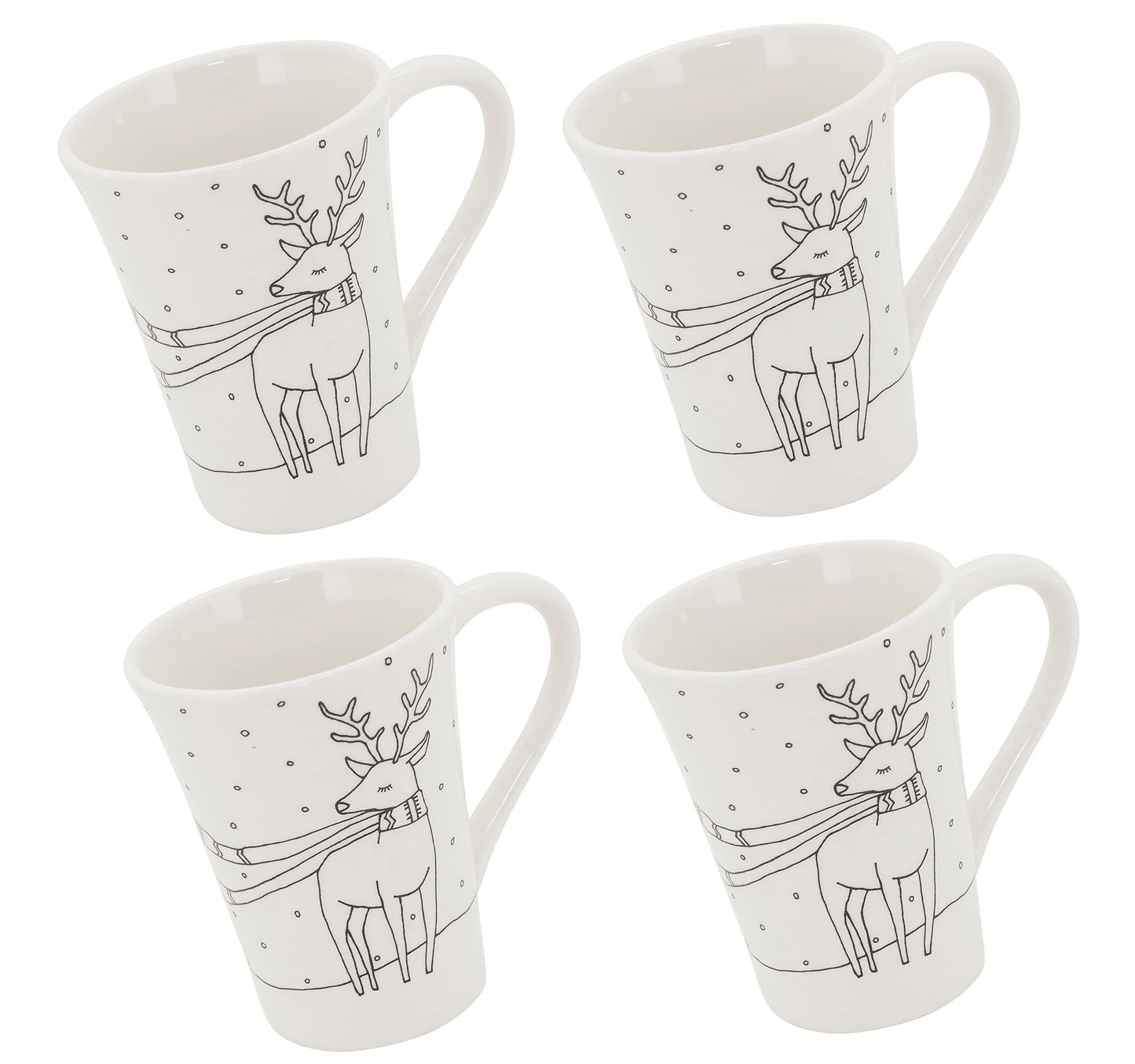 Fennco Styles Cartoon Reindeer Dolomite Mugs 4-Piece, 5”H x 3”W - White Holiday Coffee Mug Microwave Safe Beverage Set for Home, Family Gathering, Special Occasion and Christmas Décor