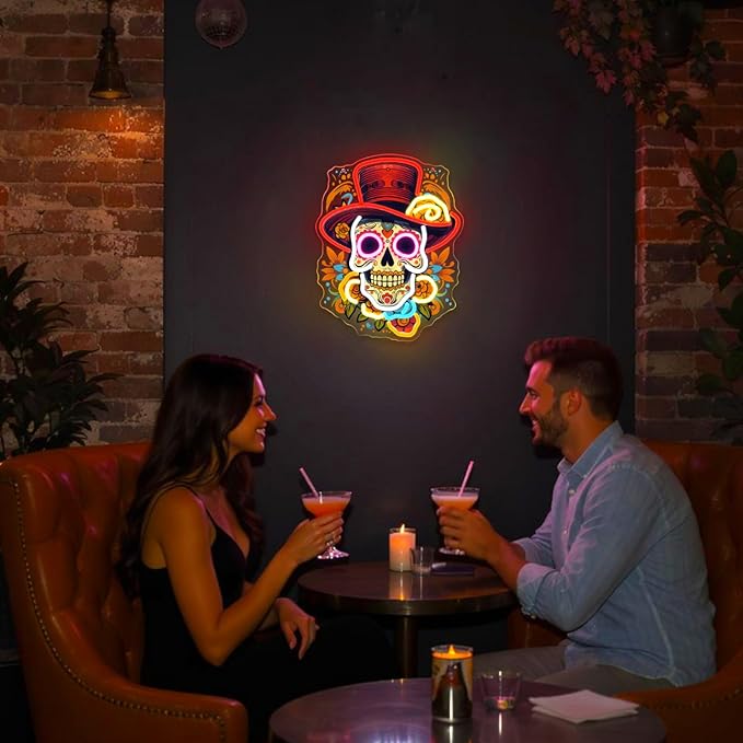 Day of the Dead Neon Sign - Mexican Sugar Skull LED Neon Light for Home & Bar Decor,UV Printed Art with Flexible LED Strip,Halloween & Día de Muertos Party Decoration (Red）