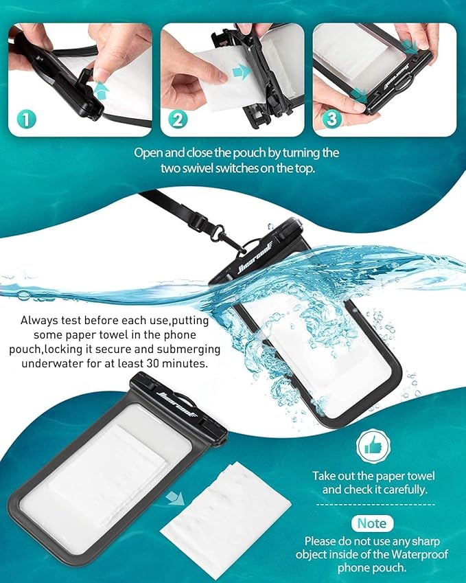 Hiearcool Waterproof Phone Pouch,Universal Waterproof Phone Case Dry Bag Travel Essentials for iPhone, Beach Accessories for Vacation Must Haves - Black&Navy-2 Pack