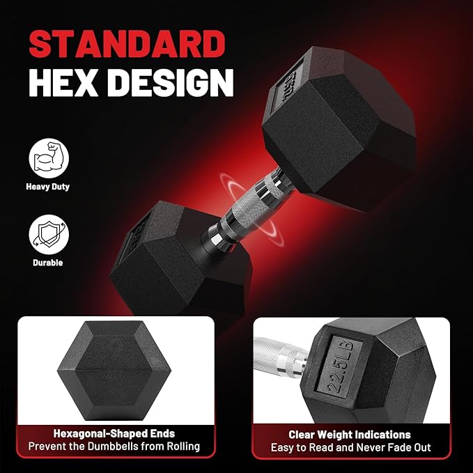 PAPABABE Hex Dumbbell Sets with Rack, 60-550lb Rubber Coated Dumbbell Weight Set and Storage Rack, Multiple Options Hand Weights for Strength Training