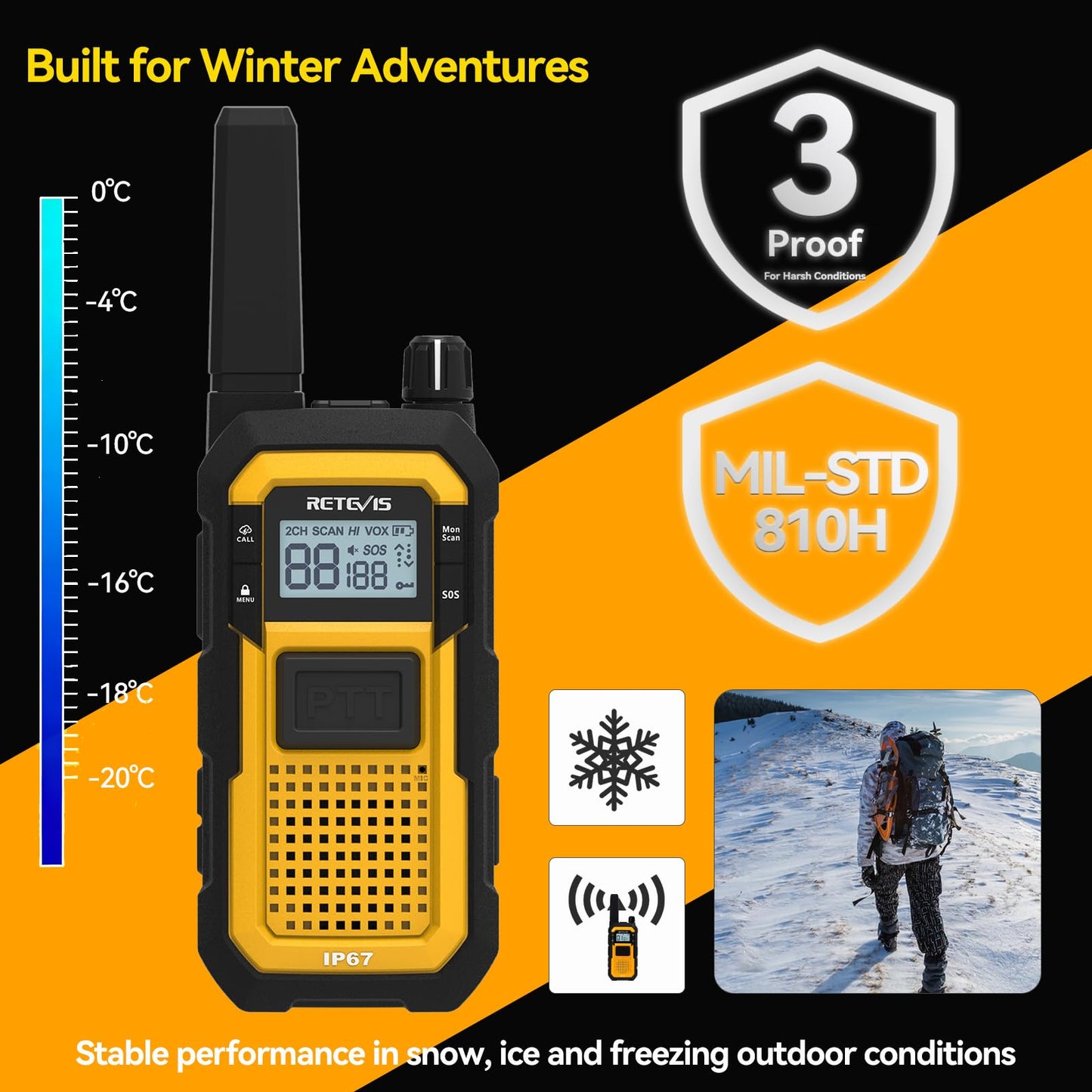 Retevis RB48 Waterproof Walkie Talkies, Heavy Duty Two Way Radio, Advanced Triple Proof, Vibration Call, USB-C, SOS,2000mAh, NOAA, 2 Way Radio(2 Pack) Yellow