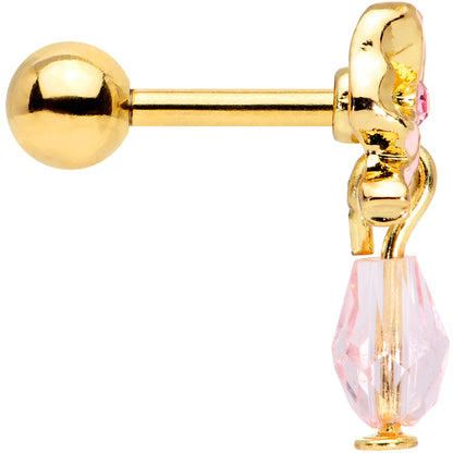 16G 1/4 Pink Gem Gold Tone Bow Dangle Cartilage Tragus Earring
