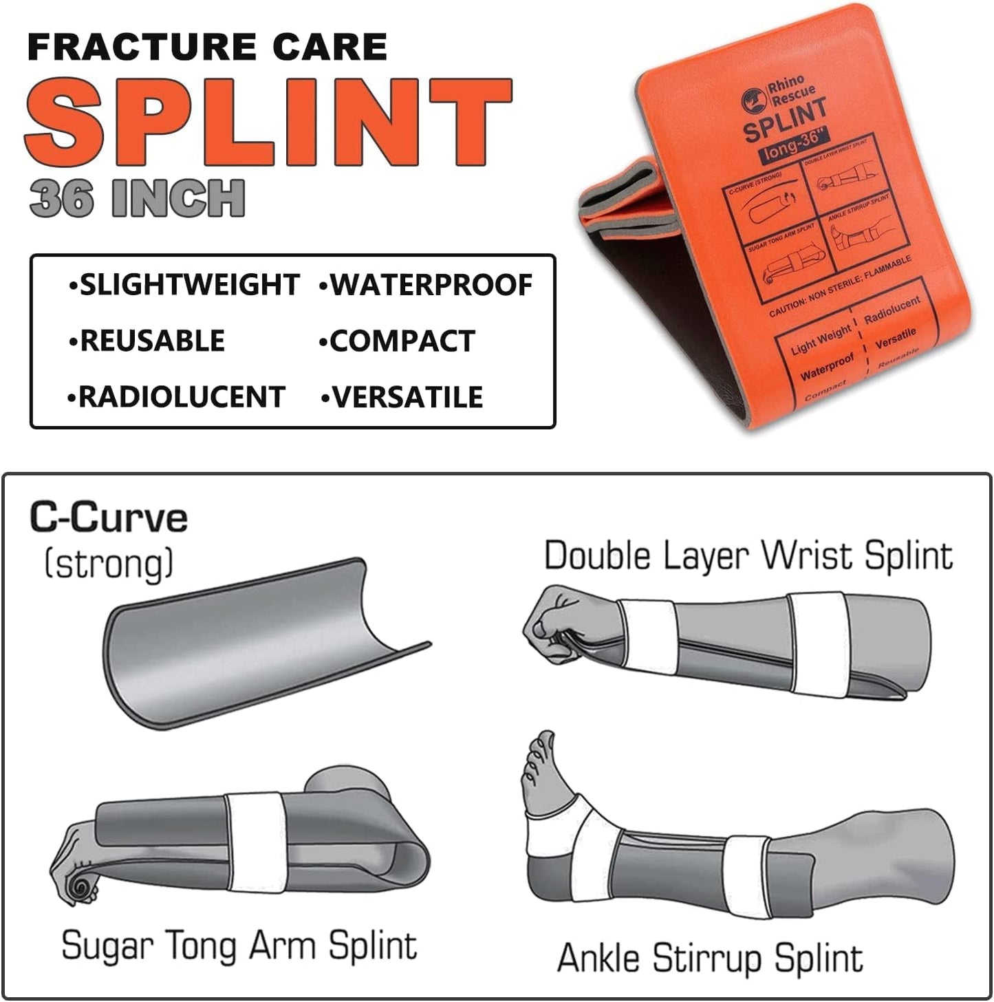 RHINO RESCUE Bundle-IFAK Trauma Kit with C-A-T Tourniquet for Wound Care+First Aid Splint 36" X 4.3" Orange-Gray, Keep Bones in Position