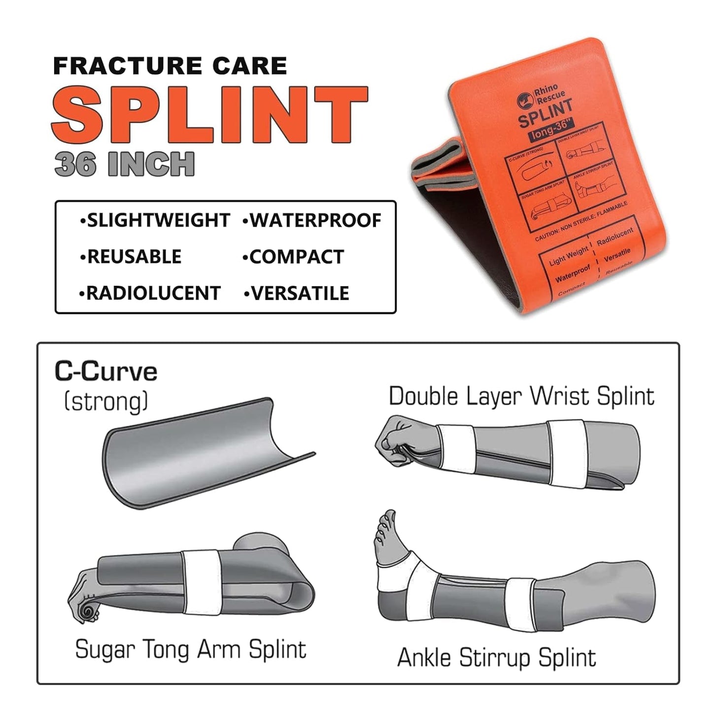 RHINO RESCUE Bundle- Non-Vented Chest Seal, IFAK Emergency Trauma Dressing+First Aid Splint 36" X 4.3" Orange-Gray