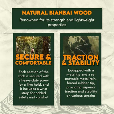 SE 3 Piece 55" Detachable Pine Wood Walking/Hiking Stick with Metal Tip, Reinforced Rubber Tip, and Water-Resistant Travel Pouch - Portable and Durable for Outdoor Adventures