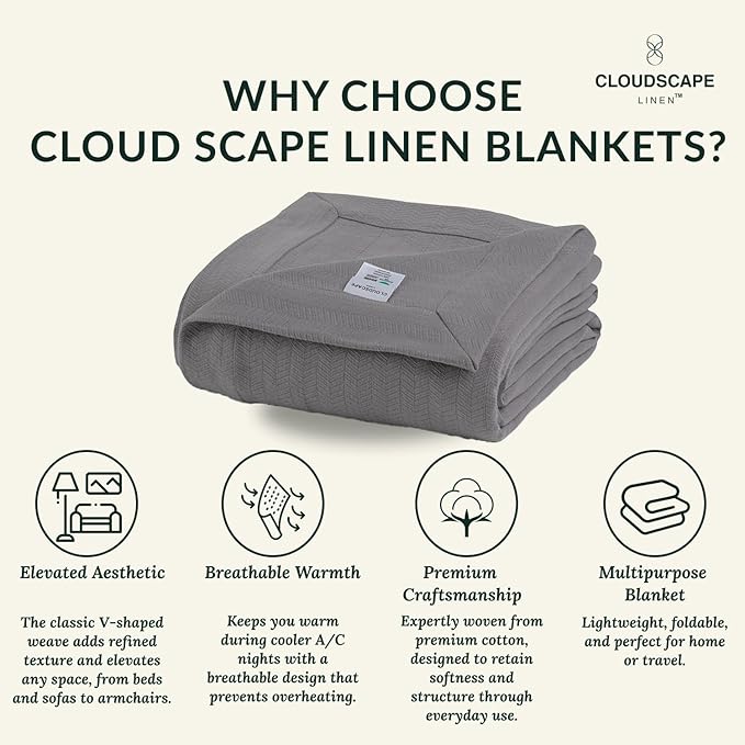 Cloud Scape Linen 100% Cotton Blanket King Size for Bed – Lightweight Summer Blanket, Herringbone Weave,fits California King Size Bed, 92x108,Dark Grey