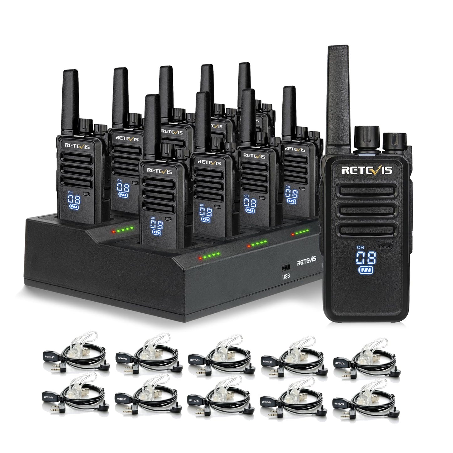 Retevis RT68 Two-Way Radios Long Range, Walkie Talkies for Adults, 2 Way Radio with Earpiece, Walkie Talkie Rechargeable with Charging Base, for Manufacturing Restaurant Business School(10 Pack)