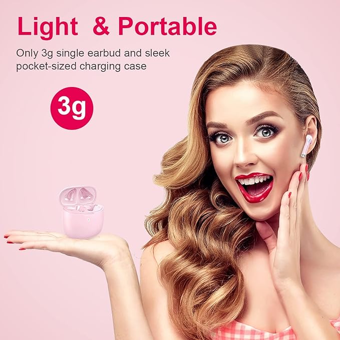 Wireless Earbuds, Bluetooth 5.4 Earbuds Stereo Bass, Bluetooth Headphones in Ear Noise Cancelling Mic, Wireless Earphones IP7 Waterproof Sports, 32H Playtime Mini USB C Charging Ear Buds Light Pink