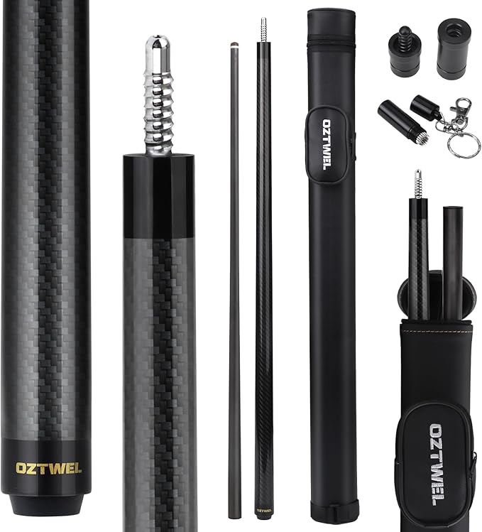 Carbon Fiber Pool Cue Stick, 12.4mm 8-Layer Tip Low Deflection Pool Cue Professional Pool Sticks for Adults with Pro Taper Cue Shaft 3/8 x 8 Joint Pin