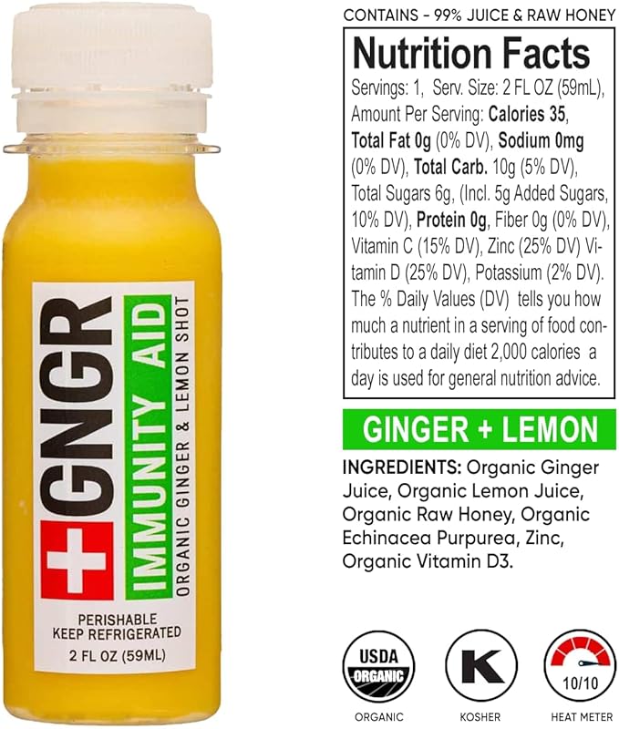 '+GNGR Immunity Aid Organic Ginger and Lemon Shot - Cold Pressed Ginger Shots with Echinacea, Lemon Juice, Honey, Zinc & Vitamin D3, Immune & Digestive Support (2 Oz, Pack of 12)