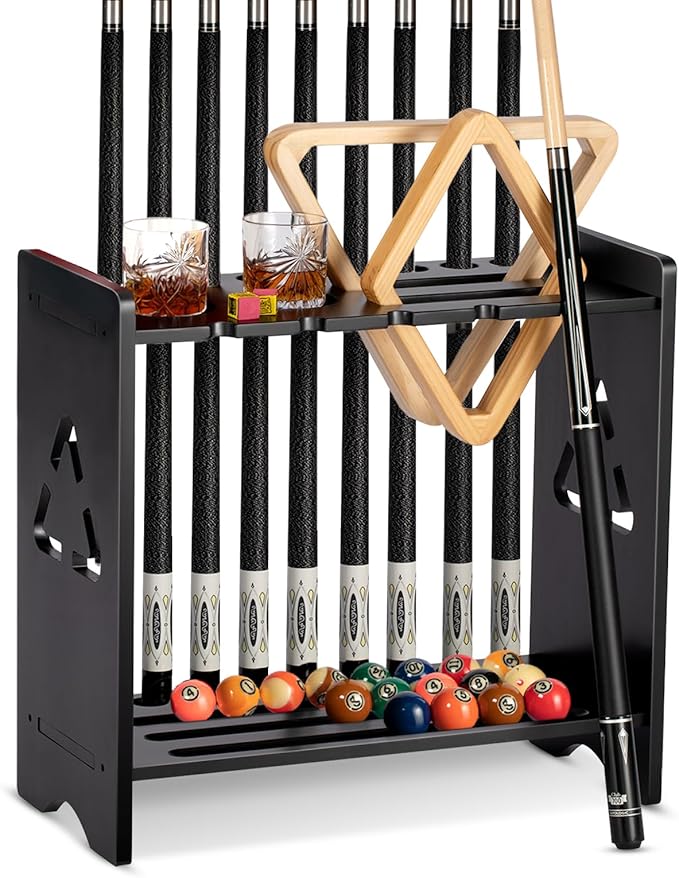Pool Cue Stick Holder - Floor Stand Billiards Rack Oak Solid Wooden Holds 9 Cues and Pool Table Accessories Organizer
