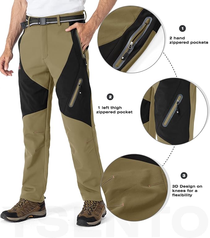 YSENTO Men's Fleece Lined Ski Snow Pants Winter Waterproof Softshell Insulated Hiking Cargo Pants