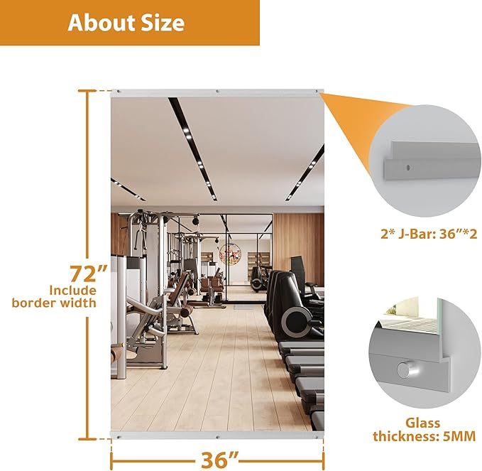 ROOMTEC Workout Mirrors for Home Gym 72"x36", Large Wall Mirror Full Length for Fitness, Yoga, Big Wall Mounted Frameless Glass Mirror for Garage, Dance Studio, Bedroom