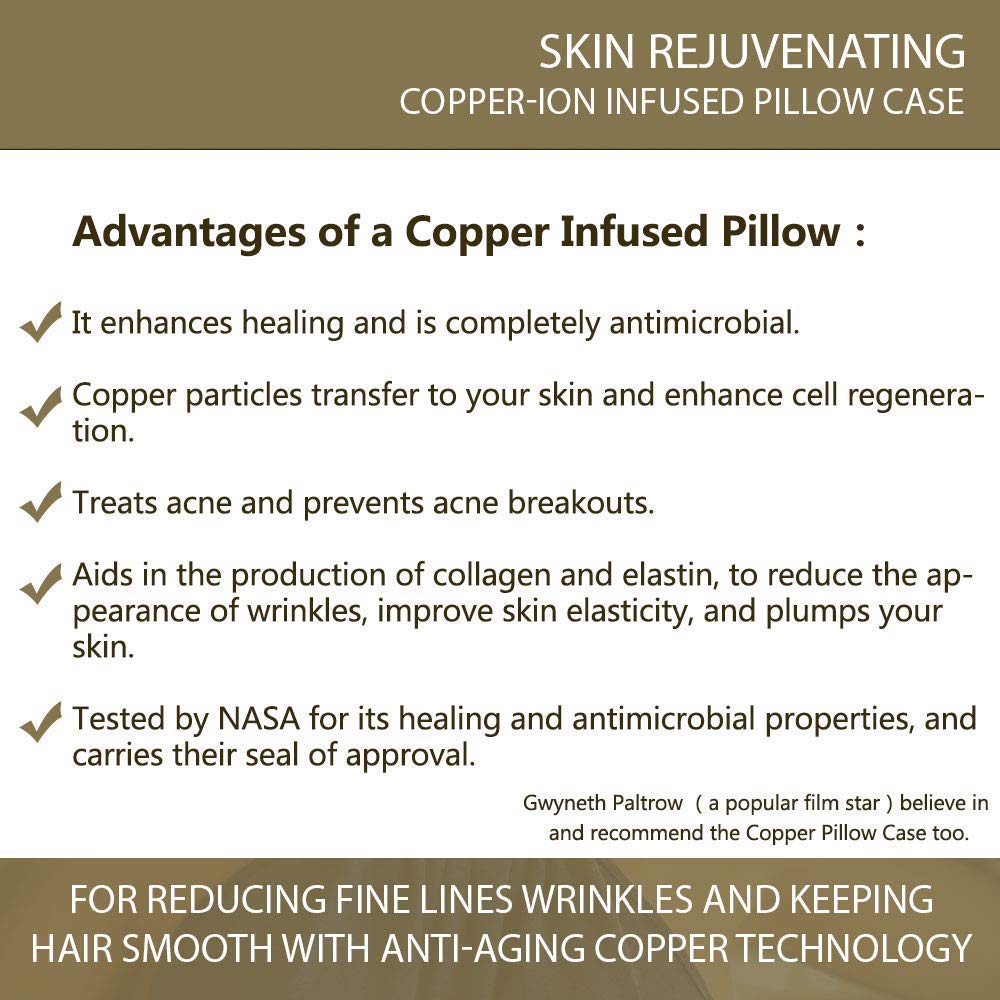 Copper Pillowcase with 100% Copper Oxide Fiber, Prevents Crow's Feet, Forehead Wrinkles, Fine Lines & Hair Smooth, Silk Like Soft Pillow Cover for Mum Daughter Girlfriend (18.5 in × 27.5 in) (2 pcs)