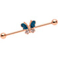 14G Aqua Gem Rose Gold Hue Butterfly Industrial Barbell 38mm
