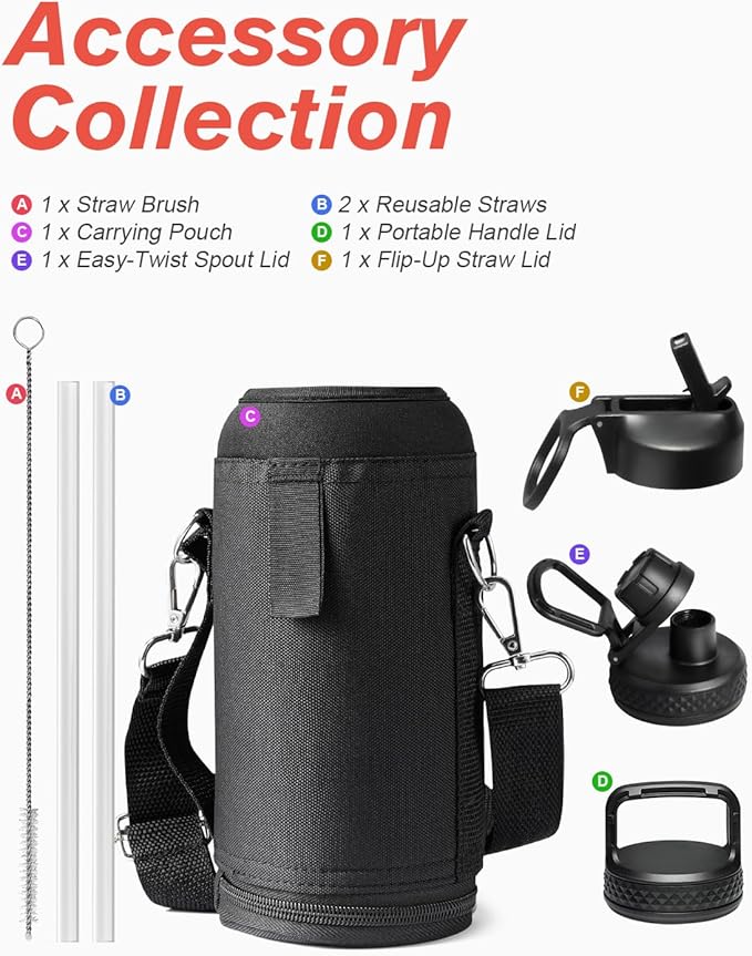 Water Bottle 32 oz Insulated with Straw, Coolflask Stainless Steel Metal 3 Lids Water Flask Wide Mouth for Sports or Office, Non-BPA Keep Cold Up to 48 Hrs or Hot Up to 24 Hrs, Piano Night