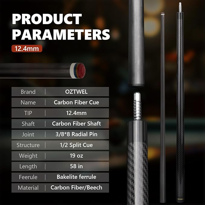 Carbon Fiber Pool Cue Stick, 12.4mm 8-Layer Tip Low Deflection Pool Cue Professional Pool Sticks for Adults with Pro Taper Cue Shaft 3/8 x 8 Joint Pin