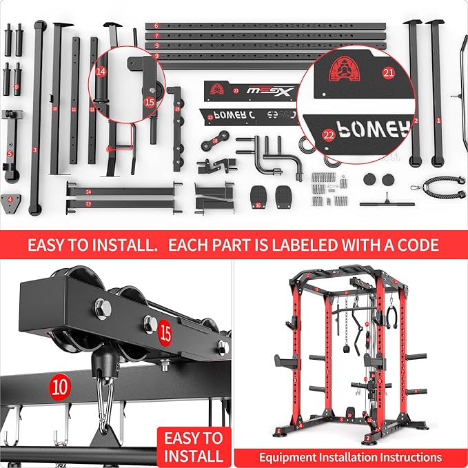 Power Cages Multi-Purpose Squat Rack with Cable Crossover System, Matching Weight Bench, Olympic Barbell Weight Set for Garage and Home Gyms