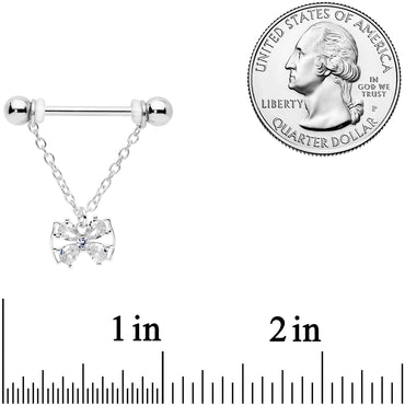 14G 11/16 Clear CZ Gem Beauty Bow Chain Dangle Nipple Ring Set