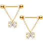 14G 11/16 Clear CZ Gem Gold Hue Beauty Bow Chain Nipple Ring Set