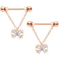 14G 11/16 Clear CZ Gem Rose Gold Hue Bow Chain Nipple Ring Set