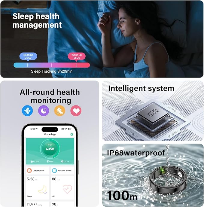 Smart Ring Health Tracker, Fitness Sleep and Heart Rate Monitor Smart Ring, Waterproof Bluetooth Fitness Tracker Ring IPX68 Waterproof (Silver, 7)