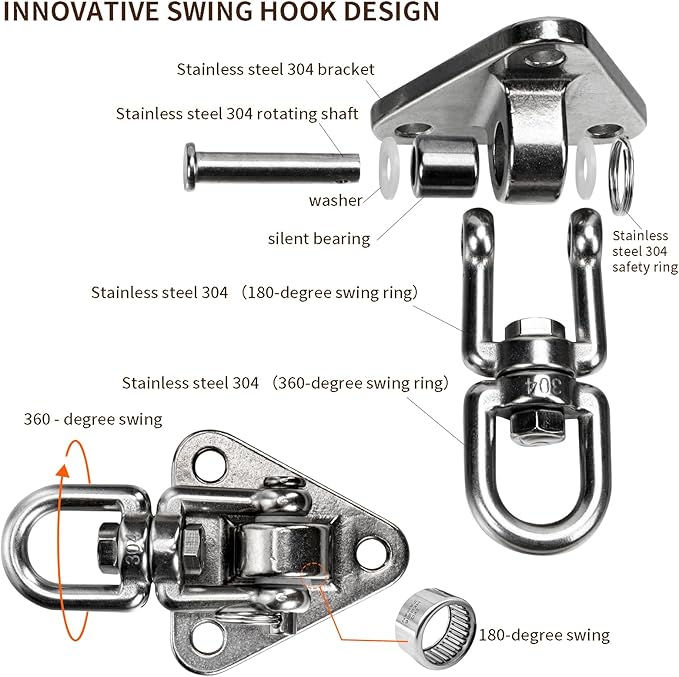 Stainless Steel Swing Hanger Heavy Duty 180°+360° Swivel Swing Hook Swing Hardware Kit for Yoga Swing Hammock Chair Porch Swing Sets Heavy Punching Bag 1500 LB Capacity