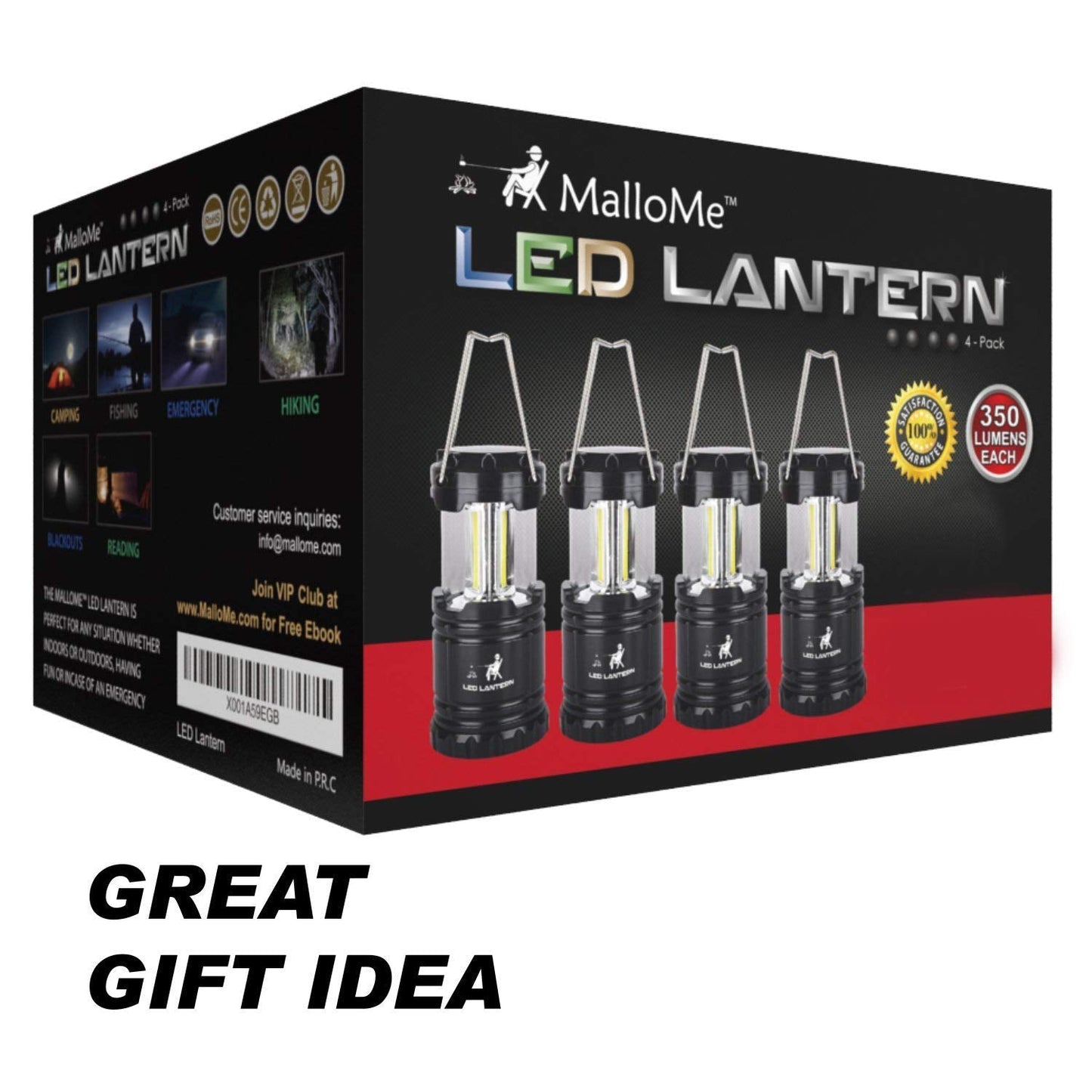 MalloMe LED Camping Lantern Flashlights 2 Pack & 4 Pack - Super Bright - 350 Lumen Portable Outdoor Lights (Black, Collapsible)