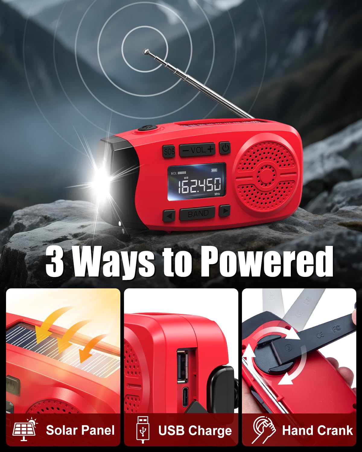 Runningsnail Emergency Weather Radio, 7400mWh Hand Crank Emergency Radio with LCD Display, Support Weather Alert Radio, USB/Solar/Hand Crank, 1W Flashlight & SOS Alarm for Outdoor & Home Emergency