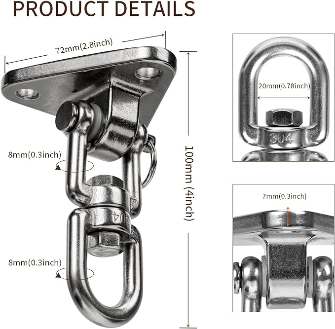 Stainless Steel Swing Hanger Heavy Duty 180°+360° Swivel Swing Hook Swing Hardware Kit for Yoga Swing Hammock Chair Porch Swing Sets Heavy Punching Bag 1500 LB Capacity