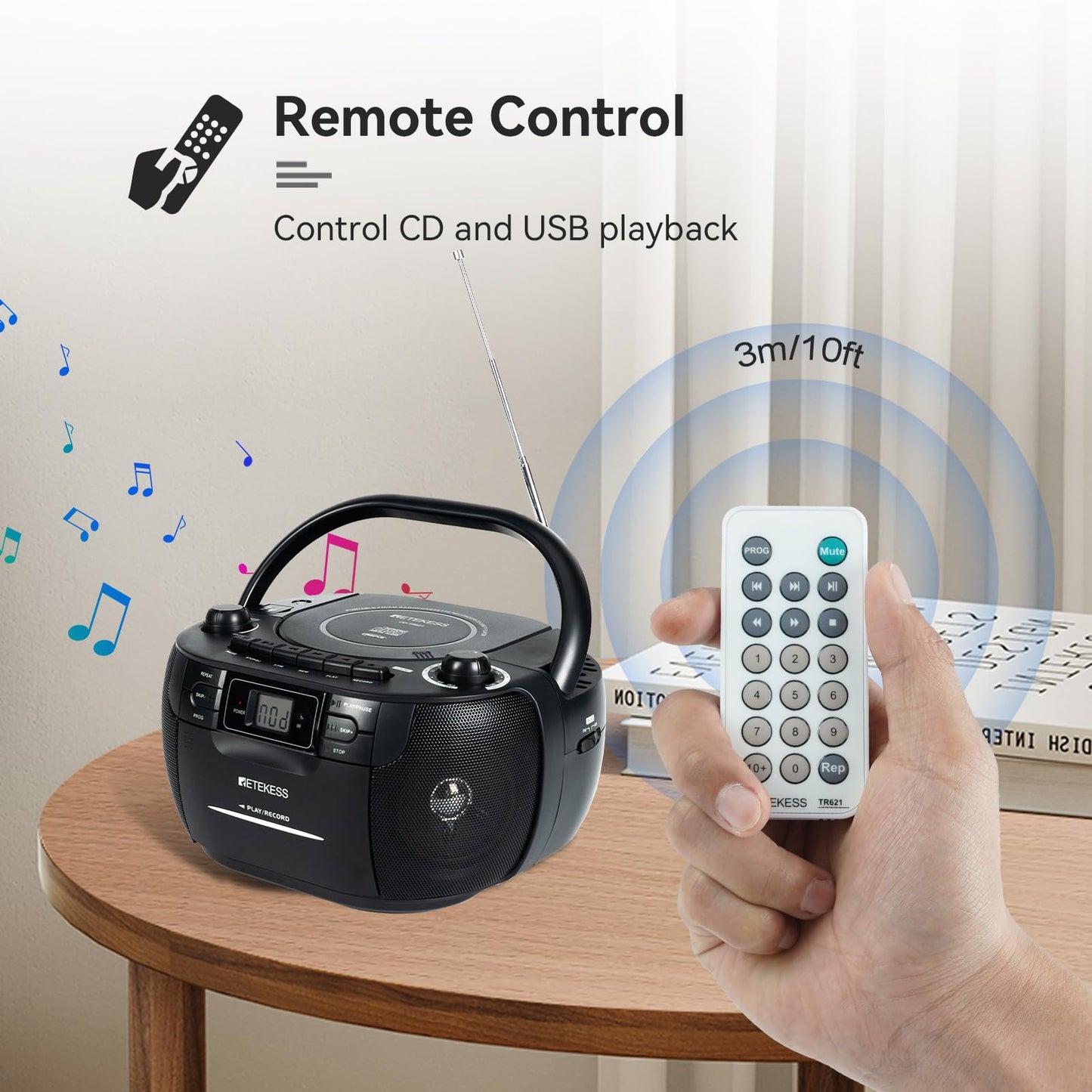 Retekess TR621 CD and Cassette Player Combo, Boombox CD Player for Home, AM/FM, Tape Recording, TF/USB Drive, AC or D Battery Powered, Headphone Jack, Stereo Sound (White)