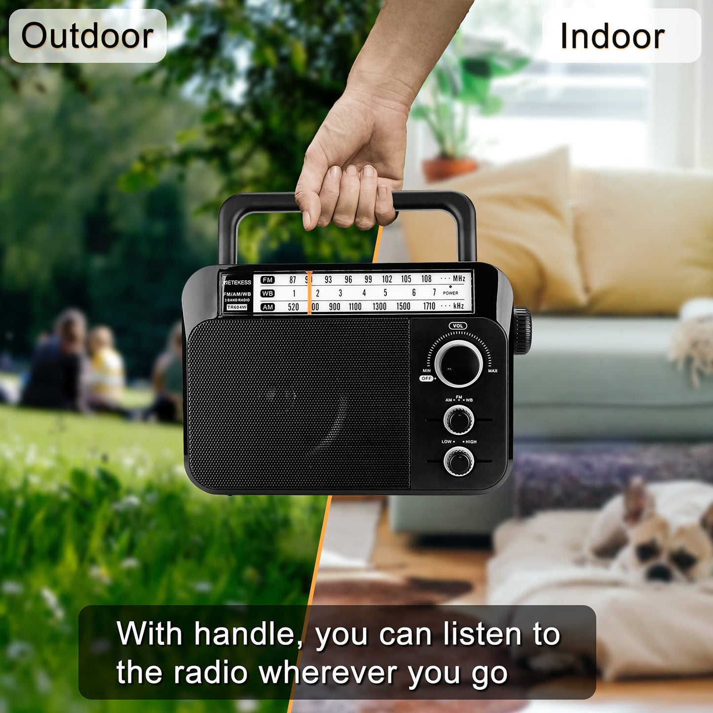 Retekess TR604 AM FM Radio,Portable Radio Plug in Wall,D Battery Operated,Large Dial,High/Low Tone Mode,Big Speaker,Earphone Jack,for Home,Picnic,Senior