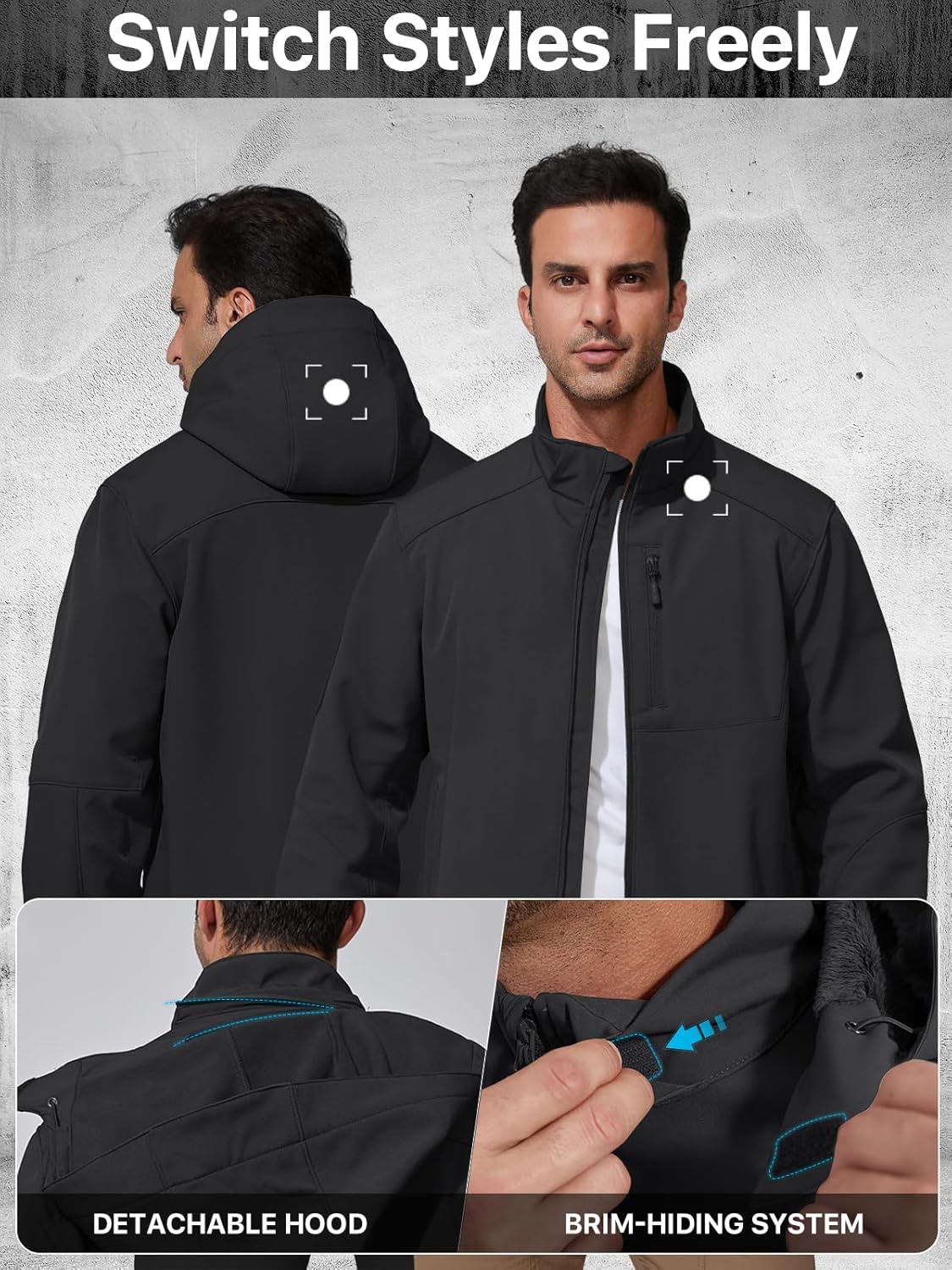 FREE SOLDIER Softshell Jackets for Men Water Resistant Fleece Lined Tactical Hunting Winter Windbreaker with Detachable Hood(Black,2XL)