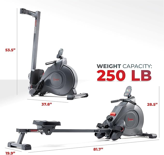 Sunny Health & Fitness Flip & Foldable Rowing Machine for Home w/Extended Slide Rail, Full-Body Workout, Low-Impact, Optional Extra Long Rail, Quiet Rail Cover, Water Motion and Free SunnyFit App