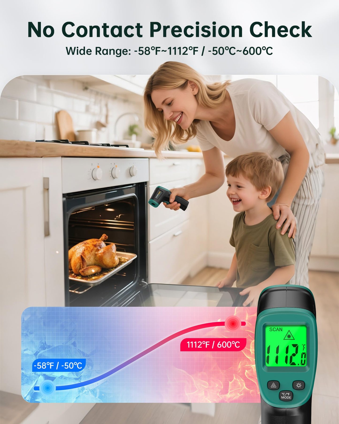 ERICKHILL ROOKMAX Infrared Thermometer Gun, Non-Contact Laser, Adjustable Emissivity, Color LCD, -58°F to 1472°F (-50°C to 800°C), for HVAC, Cooking & BBQ, Automotive, Freezer - Dark Green