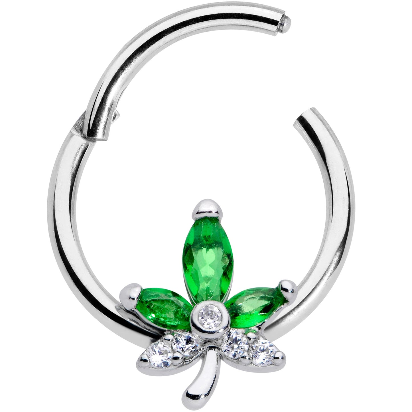 16G 3/8 Clear Green Gem Pot Leaf Hinged Segment Ring