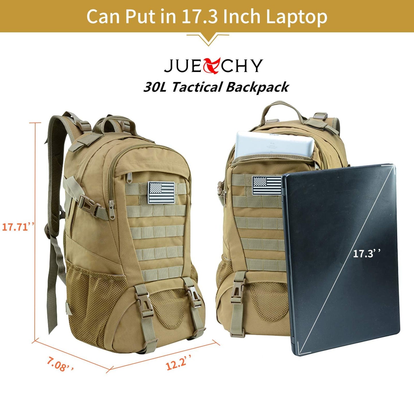 Jueachy Tactical Backpack for Men Hiking Day Pack Molle Military Rucksack Waterproof 30L EDC Bag with USA Flag Patch