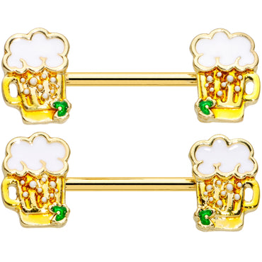 14G 9/16 Gold Tone Beer Mug St Patricks Day Nipple Ring Set