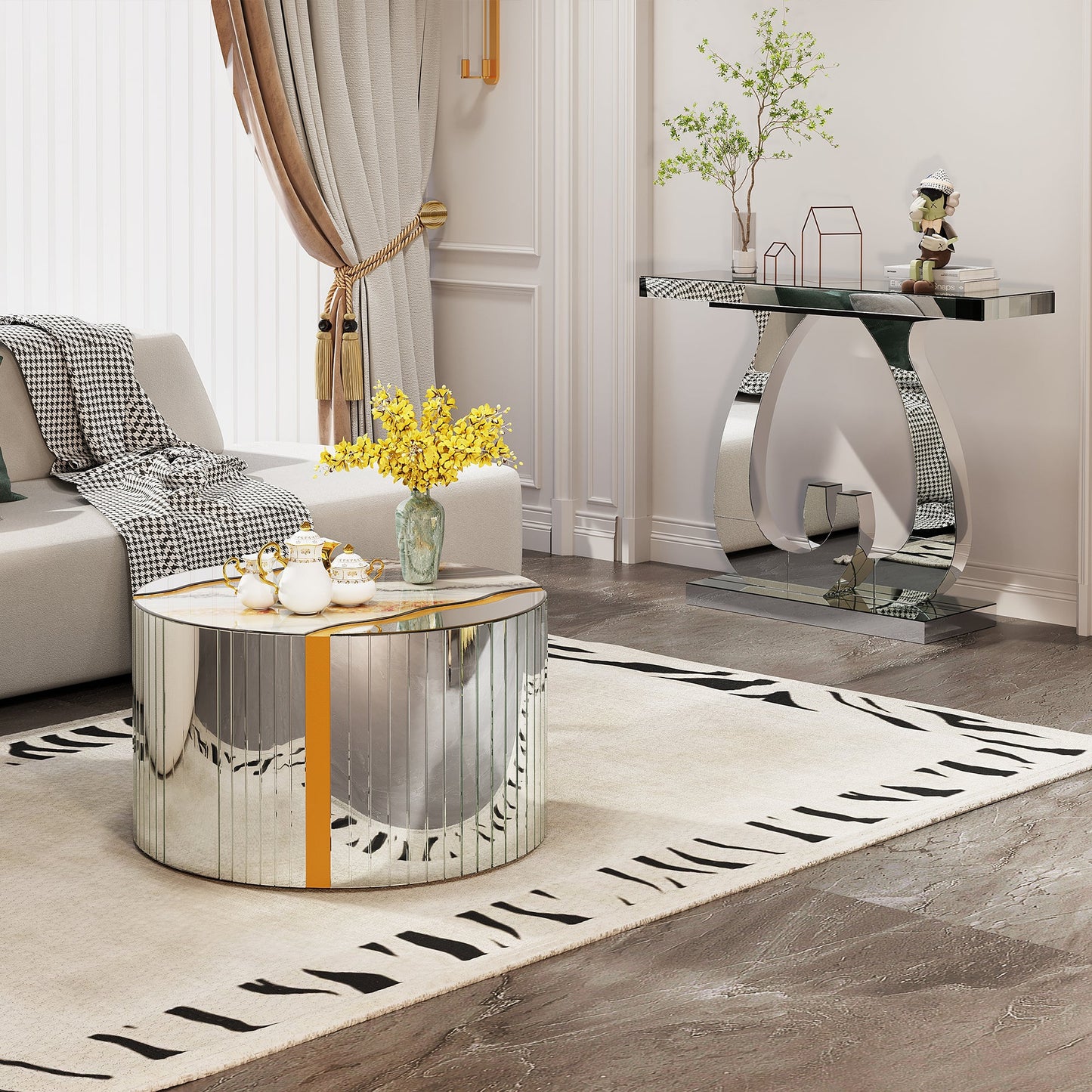 Modern Mirror Side Table, Glass, Double C-Shaped Base, Hall Table, Silver