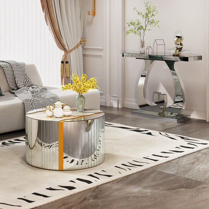 Modern Mirror Side Table, Glass, Double C-Shaped Base, Hall Table, Silver