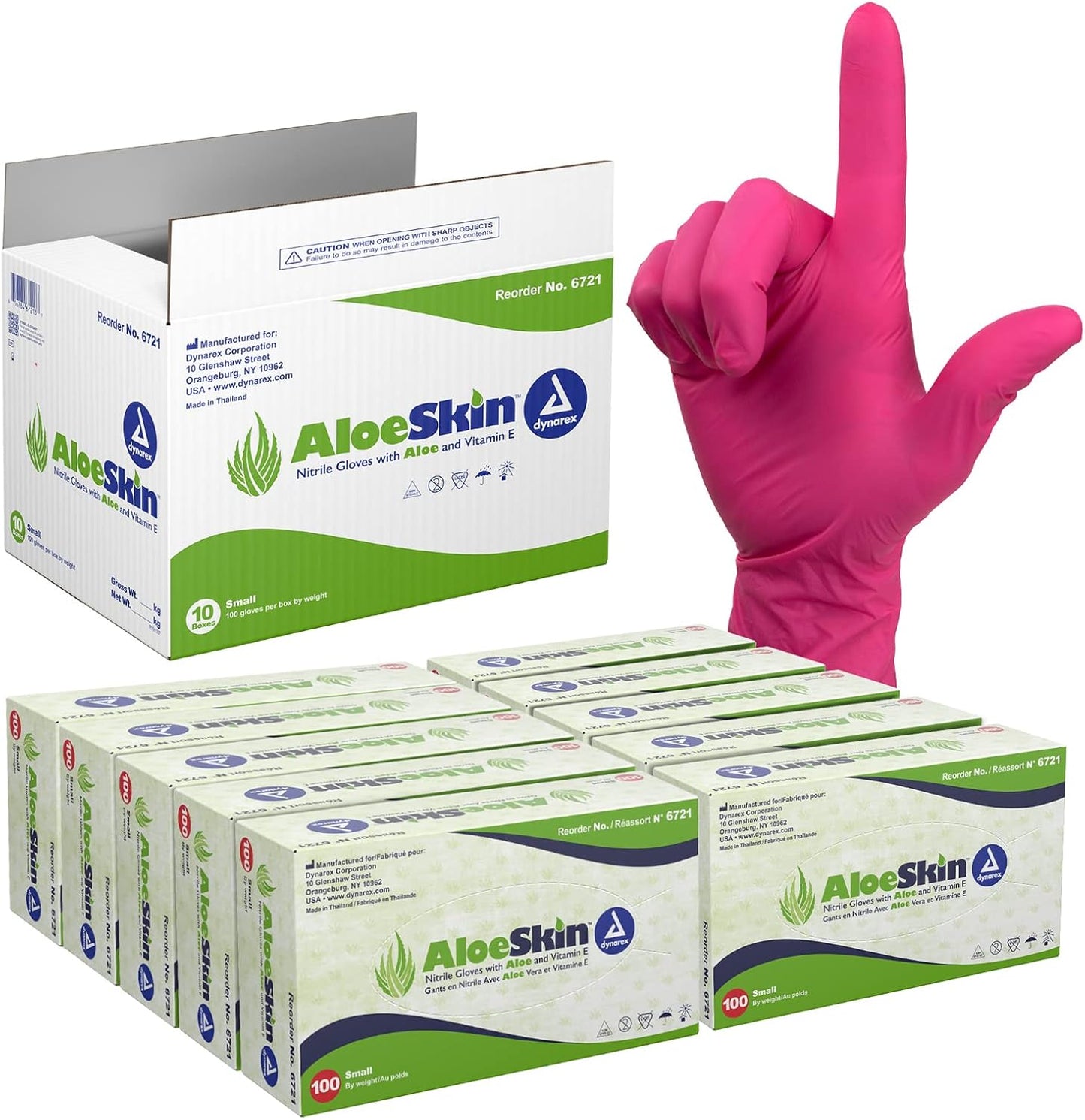 Dynarex AloeSkin Nitrile Exam Gloves with Aloe, Powder-Free, Pink - 100ea/bx, 10bxs/cs (1000 Count)
