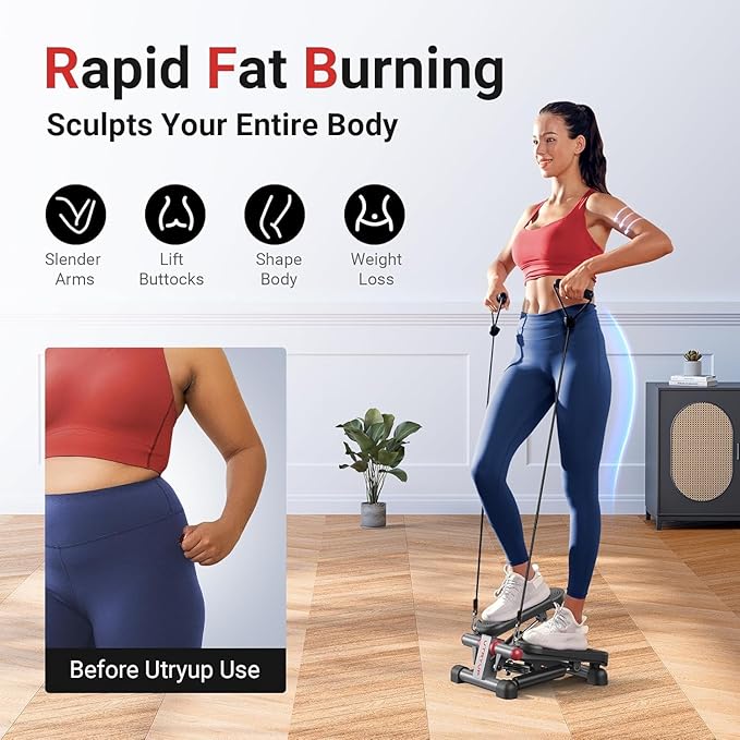 UTRYUP Mini Stepper for Home Exercise, Compact Hydraulic Stair Stepper with Resistance Bands, Quiet Fitness Machine with LCD Monitor, 300 lbs Weight Capacity