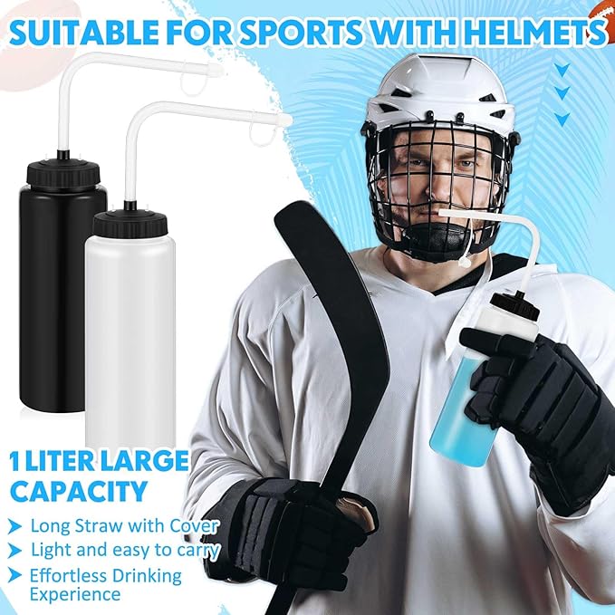Domensi 4 Pack 1 Liter Sports Water Bottle W/long Straw Hockey Lacrosse Water Bottle with Straw Bpa Free Squeeze Plastic Use Sport Helmet in Football Baseball Gym(Black/translucent,Classic)